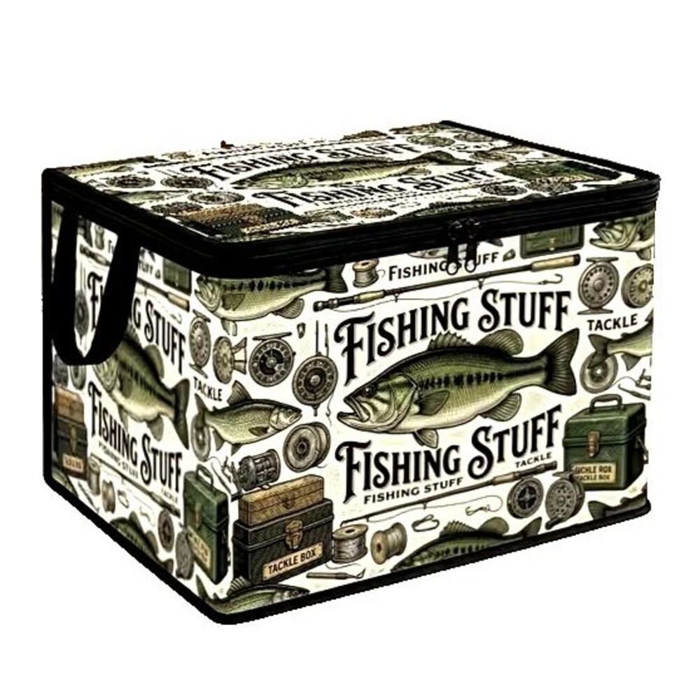 Fishing Stuff Tote Bag Box Vintage Style 20 x 14-in Zipper Handles Polyester